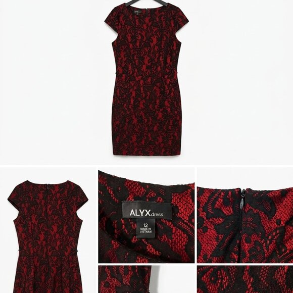 Alyx Red Black Lace Dress Size 12 Sheath Bodycon Elegant Party No Belt - Picture 2 of 7